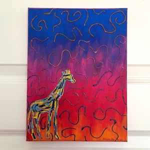 HOST🎉PICK🌈5/16🌸 ORIGINAL 9x12 Vibrant Sunset Trippy Giraffe Painting🌄🦒💜💙
